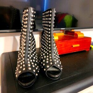 Studded peep toe boots heeled boots